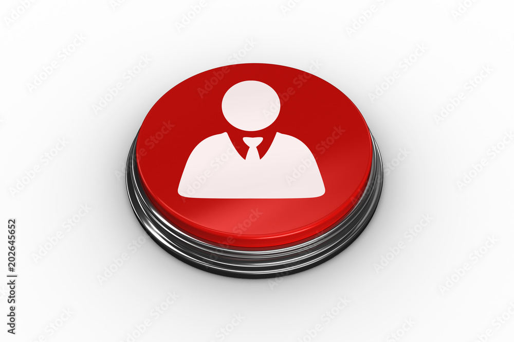 Poster composite image of businessman on digitally generated red push button