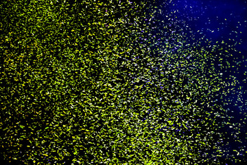 Hundreds of confetti fired on air during a festival at night. Image ideal for backgrounds.Green/blue tonality. Smoke in the middle of the confetti. Black background as sky