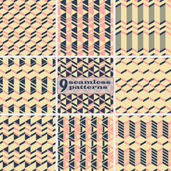 Set of seamless geometric patterns with zigzag lines and triangles