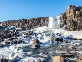 Oxararfoss waterfall in winter of Iceland
