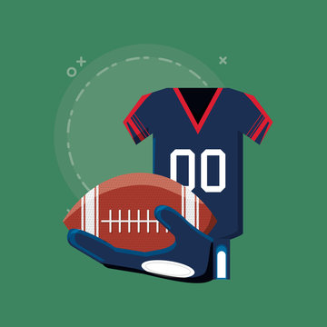 American Football Ball And Jersey Over Green Background, Colorful Design. Vector Illustration