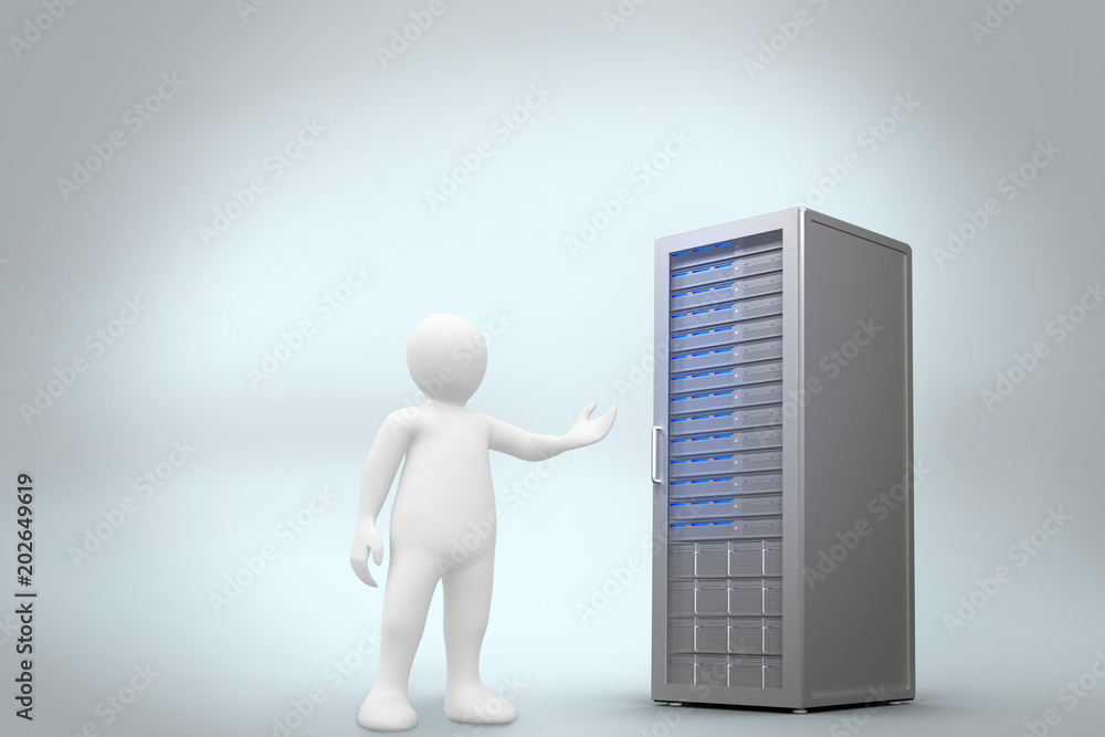 Poster white character orating against digitally generated server tower