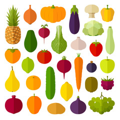 A set of fruits and vegetables in a flat style. Vector. Icons and graphic elements for web design.