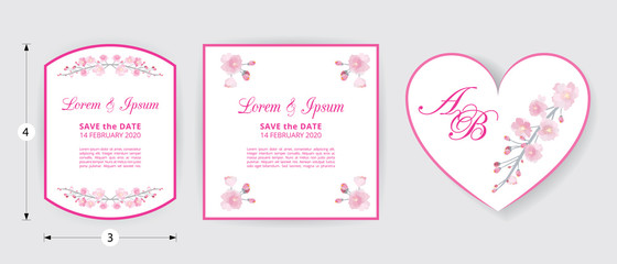 Full bloom pink sakura flower wedding card heart template, Cherry blossom floral vintage invitation frame isolated on white round background. Japan spring flora wreath curl border tag element.
