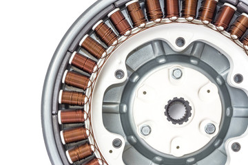 Electric motor. Details of automatic washing machine isolated on white background.