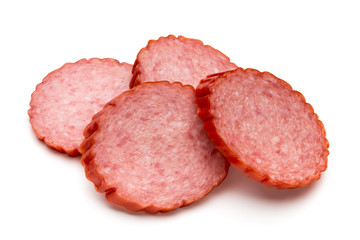 Slices of salami. Isolated on a white background.