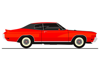 Obraz na płótnie Canvas Vector sticker of retro muscle car. Side view. Flat vector.