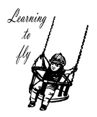 drawing picture little child in a funny cap swings on a children's swing with long chains, sketch by hand drawn comic cartoon vector illustration