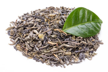 Green tea leaf isolated on white background.