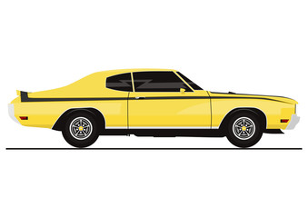 Vector sticker of retro muscle car. Side view. Flat vector.