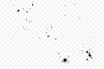 Grainy grunge abstract texture on transparent background. Paint spray, drop. Splatter of calligraphy ink in black. Black ink blow explosion on transparent background.