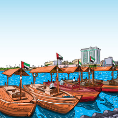 Fototapeta na wymiar Old traditional boats on the Bay Creek in Dubai, United Arab Emirates, UAE. Hand drawn sketch. Piers of traditional water taxi in Deira area. Famous tourist destination. Vector.
