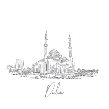 Hand drawn sketch of Dubai Skyline with mosque in vector.