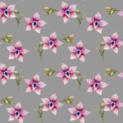 Watercolor pink orchids seamless pattern, hand painted on a grey background