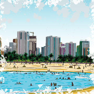 Watercolor splash sketch of Marina Dubai UAE. City and beach coast with sand beaches and people swimming at United Arab Emirates. Illustration. Vector.
