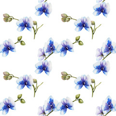 Fototapeta na wymiar Watercolor blue orchids seamless pattern, hand painted on a white background