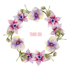 Watercolor pink and purple orchids wreath, hand painted on a white background, Thank you card design