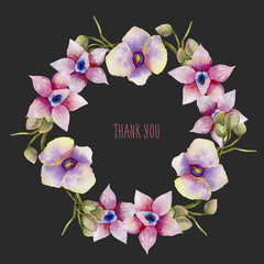 Watercolor pink and purple orchids wreath, hand painted on a dark background, Thank you card design