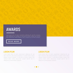 Awards concept with thin line icons: trophy, medal, cup, star, statuette, ribbon. Modern vector illustration of prizes for competition. Template for print media, banner.