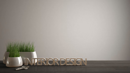 Wooden table, desk or shelf with potted grass plant, house keys and 3D letters making the words interior design, project concept, white copy space background