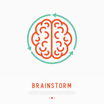 Brainstorm thin line icon: brain in arrows. Modern vector illustration.