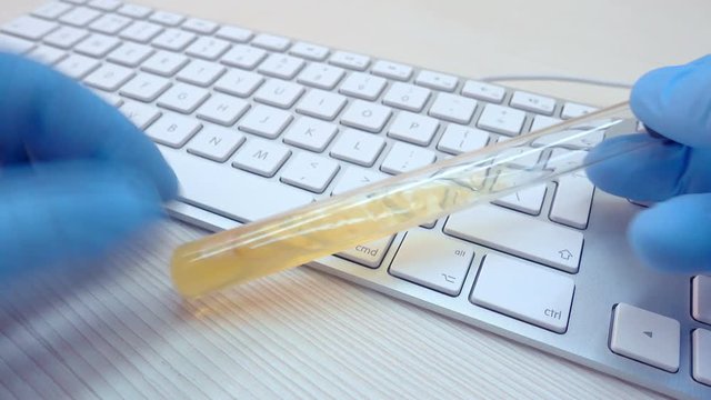 Close-up of hands with test tube on keyboard background. Description of experimental results. Entering the values of experience.