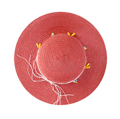 Pretty beautiful straw hat with ribbon and bow on white background.Clipping Path.