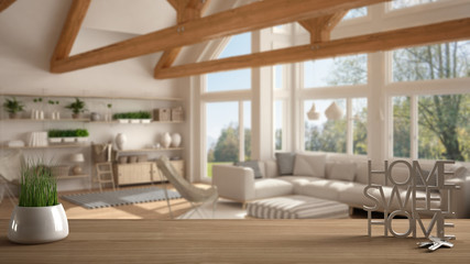 Wooden table, desk or shelf with potted grass plant, house keys and 3D letters making the words home sweet home, over scandinavian living room, architecture interior design, copy space background © ArchiVIZ