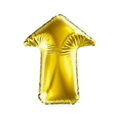 Golden arrow icon made of inflatable balloon isolated on white background.