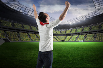 Excited football fan cheering in a large football stadium with fans in yellow