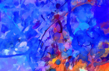 Fototapeta na wymiar Abstract watercolor chaotic splashes of color paint artwork. Famous modern style painting art. Hand drawn on canvas texture background. Colorful expression wallpaper. 