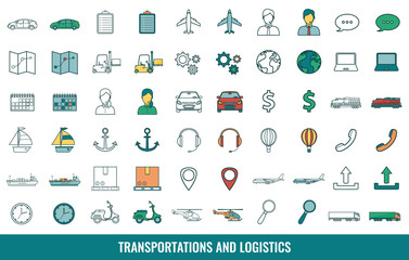 Logistics icons set. Delivery and Transportation. Outline icons. Vector