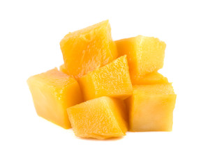 Mango cube isolated white background. Juicy and sweet mango fruit isolated