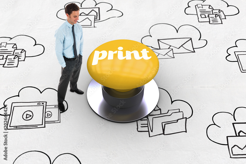 Poster the word print and happy businessman standing with hands in pockets against yellow push button