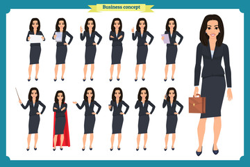 Fototapeta premium Set of young businesswoman presenting in different poses.People character. Standing, Woman body template for design, presentations work.Isolated on white. Flat style.business
