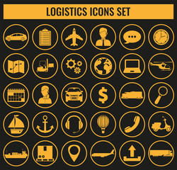 Fototapeta premium Logistics icons set. Delivery and Transportation. Silhouettes. Vector