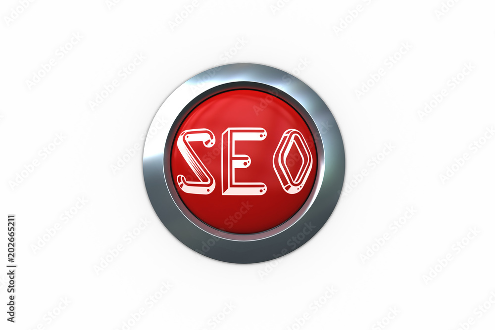 Poster seo on digitally generated red push button against white background