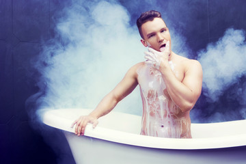  man taking a bath with milk