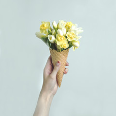 Woman's hand holding a waffle cone with spring yellow flowers bouquet on the mint background. Flat lay, top view. Mothers day, anniversary,  greetings.