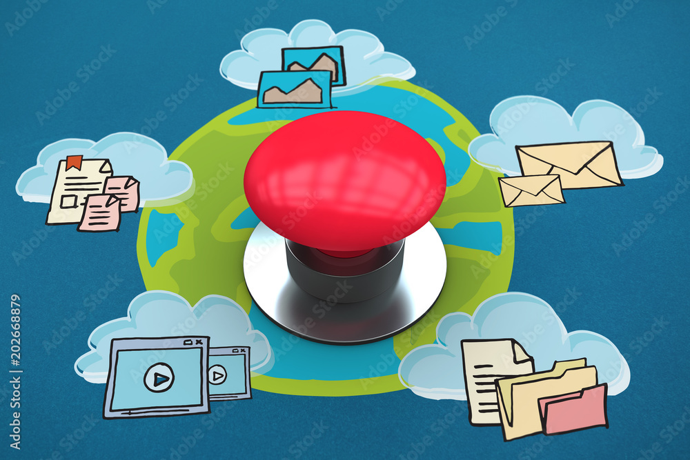 Poster digitally generated red push button against cloud computing doodle