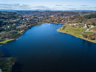 Aerial view of a reservoir in Spain at dusk