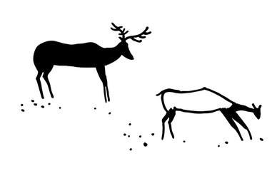 Primitive animals. Stylization. Two hoofed animals. A deer and a female deer.  Isolated on white background.