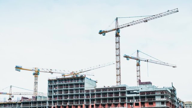 Time Lapse Cranes And Builders Are Working On The Construction Site