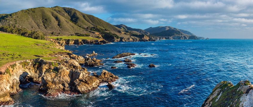 A panoramic view of the Big Sur coastline along California.