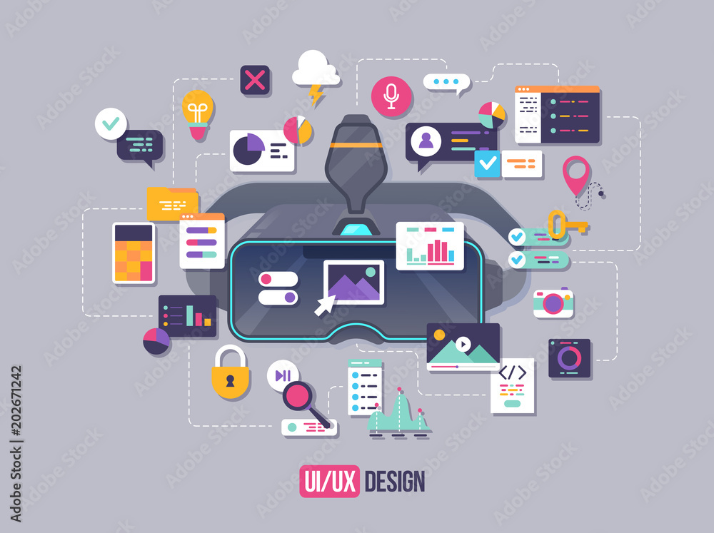 Poster the process of developing interface for virtual glasses. flat design template for mobile app and web