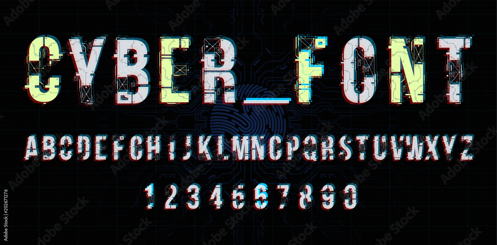 Fototapete Futuristic vector Font design. Letters and Numbers for web and app. Techno type font alphabet. Digital hi-tech style symbols.