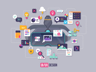 The process of developing interface for virtual glasses. Flat design template for mobile app and website design development with included UI UX elements.