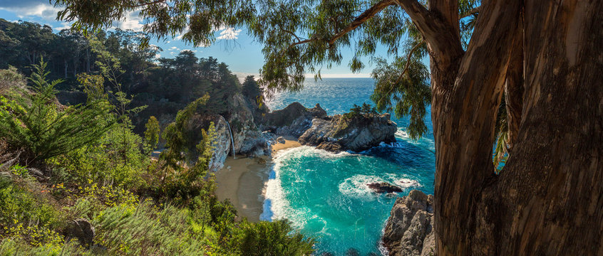 A panoramic view of McWay falls along the Big Sur coast of California.