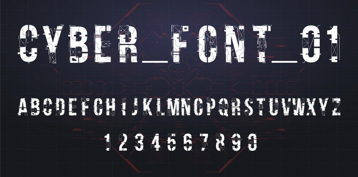 Futuristic vector Font design. Letters and Numbers for web and app. Techno type font alphabet. Digital hi-tech style symbols.