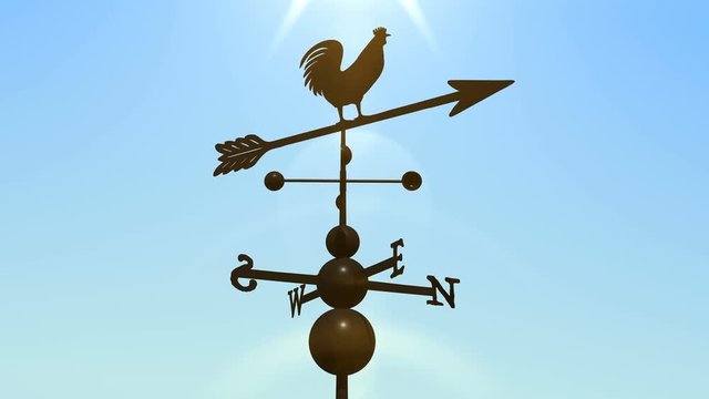 Weathervane cockerel floating under clear sky, loop